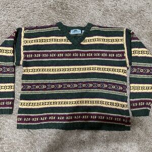 Classic V-Neck Striped Sweater - Green, Yellow, Red Size M E-25